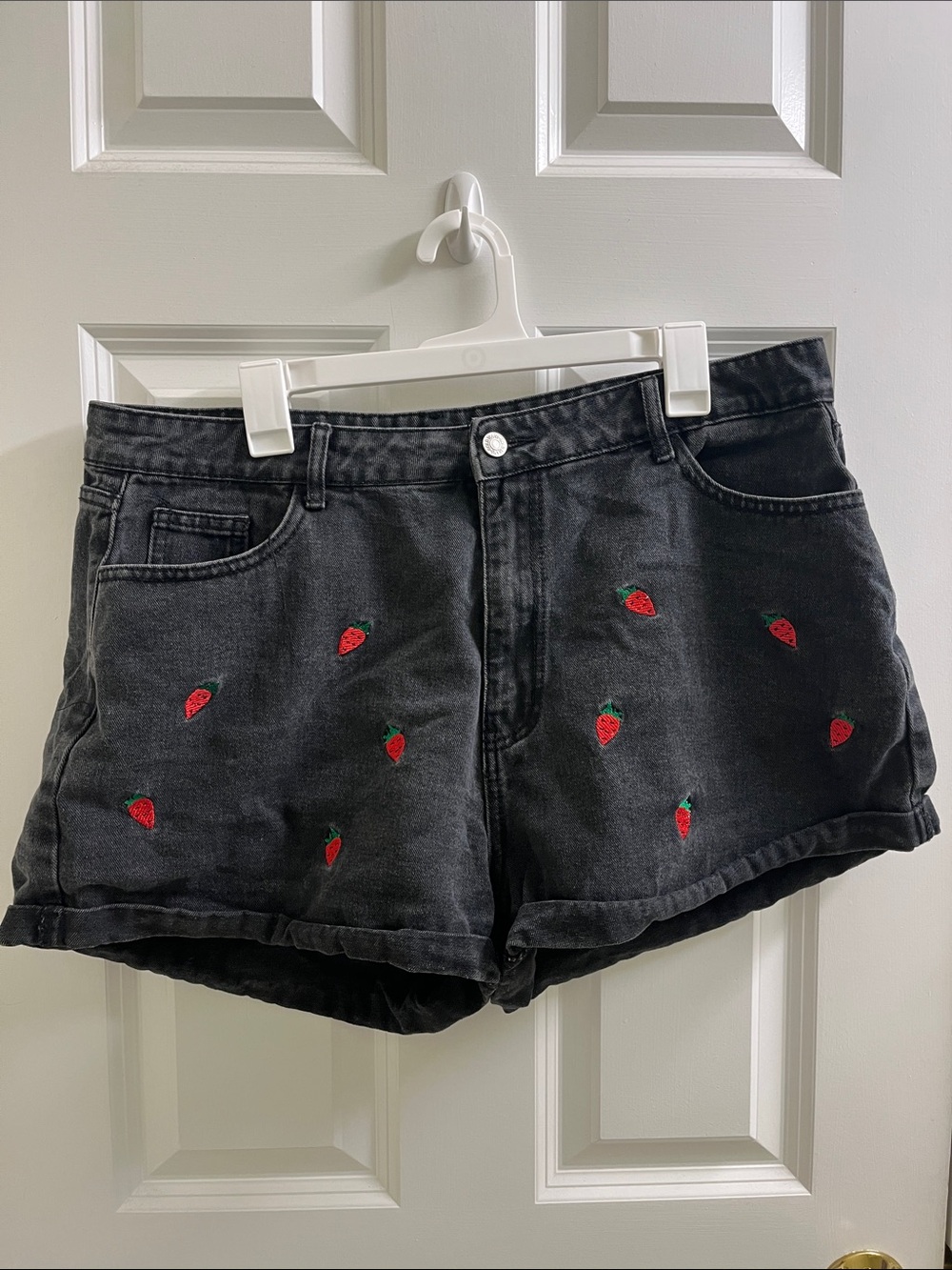 SHEIN Black Denim Shorts with Red Strawberry Embroidery